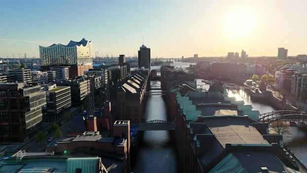 Aerial view of Speicherstadt and Elbphilharmonie at sunset Germany. Aerial view of Speicherstadt and Elbphilharmonie at sunset Germany.