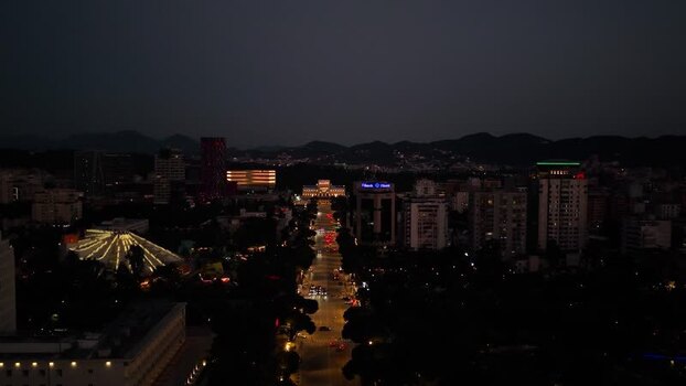 Aerial view of the illuminated city center of Tirane Albania.