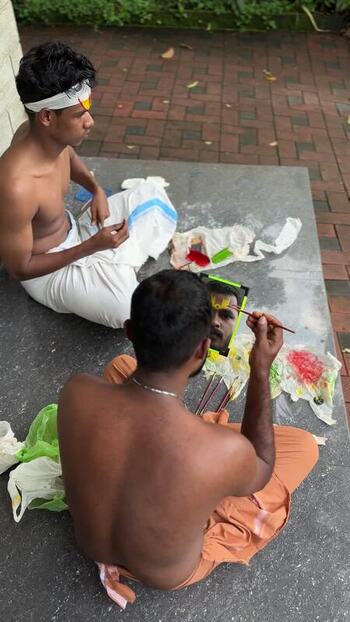 View of men applying traditional makeup for a performance in India. View of men applying traditional makeup for a performance in India.