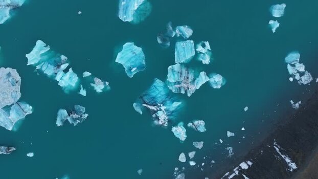 Aerial view of icebergs in Jokulsarlon Glacier Lagoon Iceland.