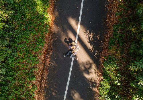 Aerial view of a person with a backpack sitting on a paved road surrounded by lush green forest in Baturaden Central Java Indonesia.