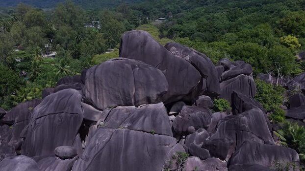 Aerial view of granite boulders in Anse Reunion Seychelles.