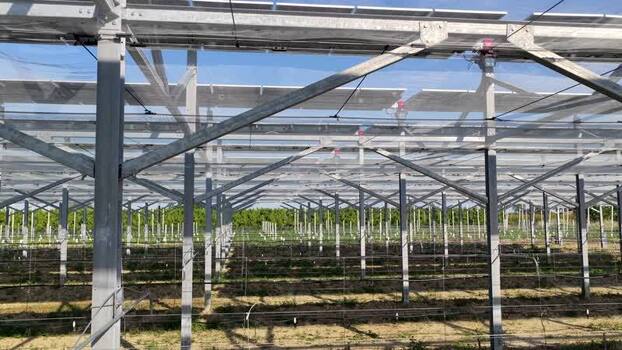 Aerial view of agrivoltaic system in Faenza Italy.