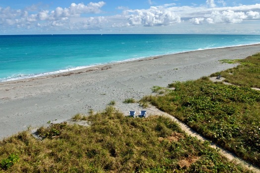 Aerial view of the tranquil shore where turquoise waters meet the sandy beach bordered by lush greenery Jupiter Island Florida United States.