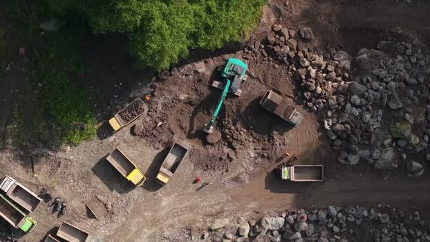 Aerial view of Tambang Pasir Merapi Kali Gendol Sand Mine Indonesia