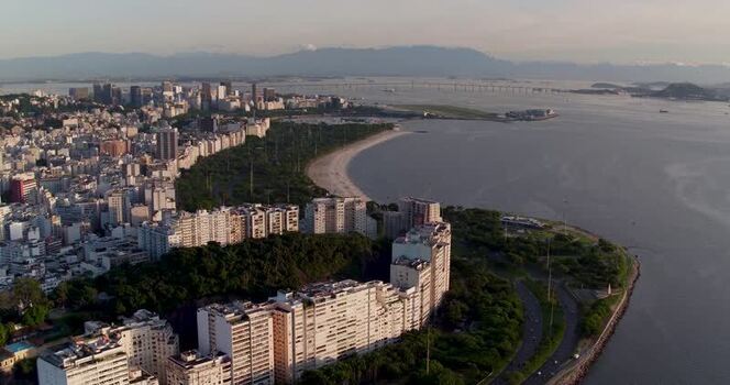 Aerial view of Flamengo Park and urban skyline in Brazil.