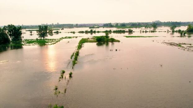 Aerial view of flooded village field in Patna India.