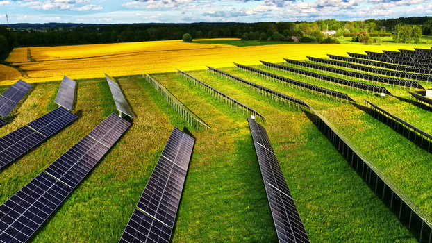 Aerial view of rows of solar panels installed in a green field next to a vibrant yellow rapeseed field under a blue sky in Latvija. Aerial view of rows of solar panels installed in a green field next to a vibrant yellow rapeseed field under a blue sky in Latvija.