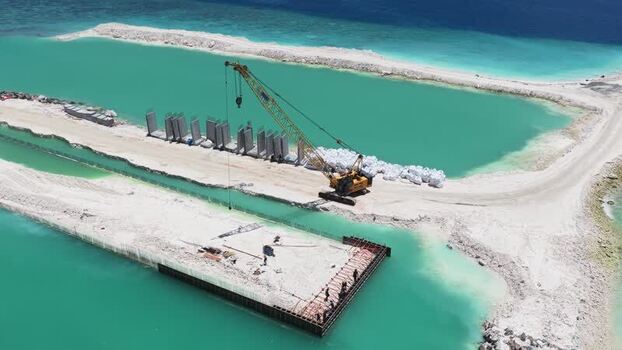 Aerial view of construction on a tropical atoll Maldives.