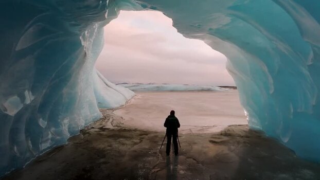 Aerial view of ice cave with photographer Iceland. Aerial view of ice cave with photographer Iceland.