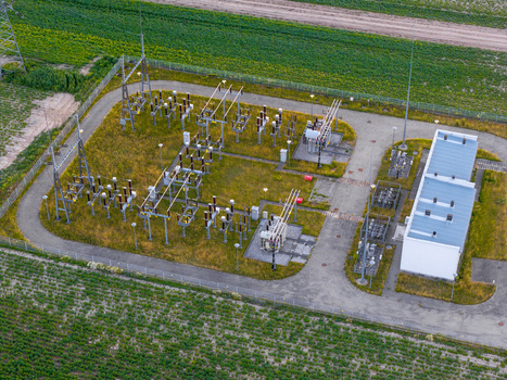 Aerial view of an electrical substation with transformers and switchgear equipment in mazowieckie Poland. Aerial view of an electrical substation with transformers and switchgear equipment in mazowieckie Poland.
