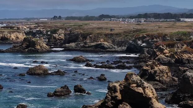 Aerial view of rocky coastline in Fort Bragg United States.