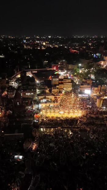 Aerial view of Dashashwamedh Ghat at night in Varanasi India. Aerial view of Dashashwamedh Ghat at night in Varanasi India.