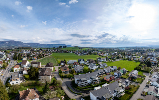 Aerial view of residential houses green meadows and distant mountains under a bright sky in Biberist Solothurn Switzerland. Aerial view of residential houses green meadows and distant mountains under a bright sky in Biberist Solothurn Switzerland.