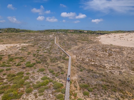 Aerial view of the wooden boardwalk winding through the sand dunes and coastal vegetation at Praia do Guincho in Cascais Lisbon Portugal. Aerial view of the wooden boardwalk winding through the sand dunes and coastal vegetation at Praia do Guincho in Cascais Lisbon Portugal.