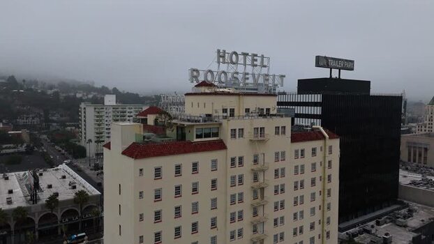 Aerial view of Hollywood Roosevelt Hotel in Los Angeles United States. Aerial view of Hollywood Roosevelt Hotel in Los Angeles United States.