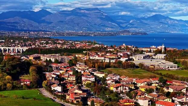 Aerial view of a town near Lake Garda Italy.