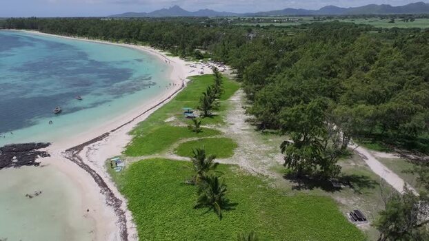Aerial view of Belle Mare Beach in Quatre Cocos Mauritius.