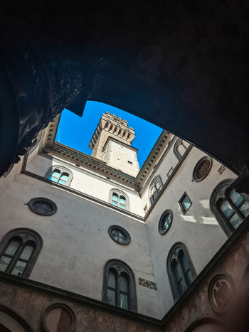 Florence Tuscany Italy 26 April 2026 View of the historic courtyard of Palazzo Vecchio with its iconic tower rising into the clear blue sky. Florence Tuscany Italy 26 April 2026 View of the historic courtyard of Palazzo Vecchio with its iconic tower rising into the clear blue sky.