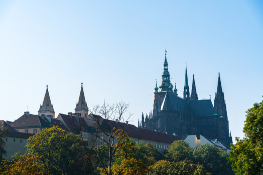 View of St. Vitus Cathedral rising above the historic rooftops and lush trees in Prague Prague Czechia.