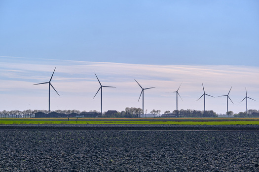 Middenmeer Netherlands 14 April 2026 View of Vattenfall wind turbines in the Wieringermeer standing in a row across flat agricultural fields under a clear blue sky.