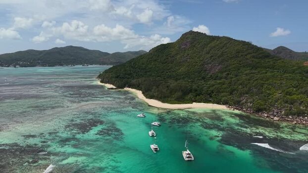 Aerial view of catamarans by Round Island Seychelles.