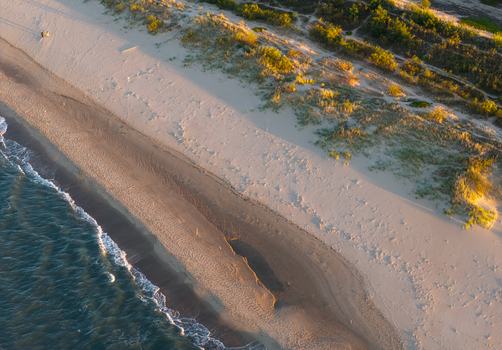 Aerial view of the Baltic Sea coastline featuring a sandy beach dunes with coastal vegetation and gentle waves under warm golden hour light in Gdansk Pomeranian Voivodeship Poland.