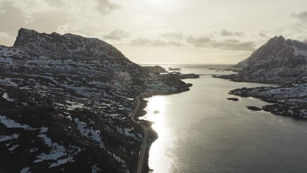 Aerial view of M&oslash;lnarodden mountains and water Norway.