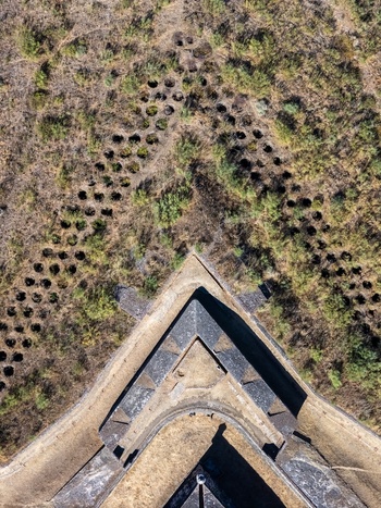 Elvas Portugal 10 September 2026 Aerial view of the star shaped Forte de Nossa Senhora da Graca showing historic stone fortifications geometric bastions and dry landscape. Elvas Portugal 10 September 2026 Aerial view of the star shaped Forte de Nossa Senhora da Graca showing historic stone fortifications geometric bastions and dry landscape.