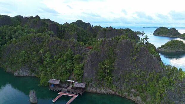 Aerial view of Piaynemo karst islands and wooden jetty Indonesia.