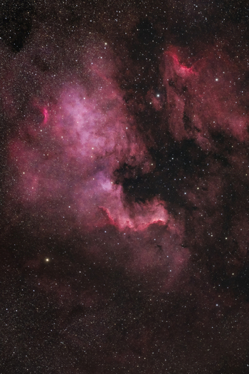 View of the North America Nebula a bright emission nebula in the constellation Cygnus showcasing intricate clouds of ionized gas and dust against a dense star field in Poland. View of the North America Nebula a bright emission nebula in the constellation Cygnus showcasing intricate clouds of ionized gas and dust against a dense star field in Poland.