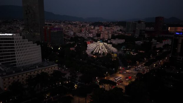 Aerial view of the Pyramid of Tirana at night in Tirane Albania.