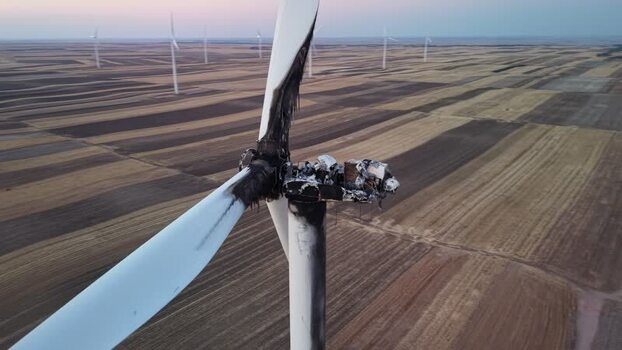 Aerial view of burnt wind turbine in Vladimirovac Serbia.