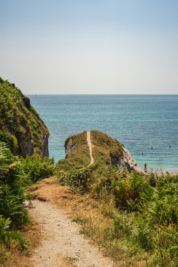 View of the coastal path leading to Lansallos beach with rocky cliffs lush green vegetation and the blue sea in the background in Lansallos England United Kingdom. View of the coastal path leading to Lansallos beach with rocky cliffs lush green vegetation and the blue sea in the background in Lansallos England United Kingdom.