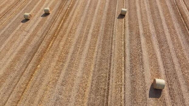 Aerial view of hay bales in a harvested field in Germany.