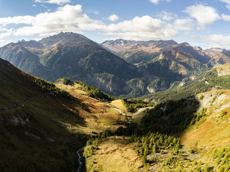 Aerial view of Grossglockner High Alpine Road winding through the mountainous landscape of the Alps with evergreen forests and meadows in Zell am See District Salzburg Austria.