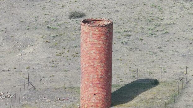 Aerial view of historic brick chimney in Golden United States.