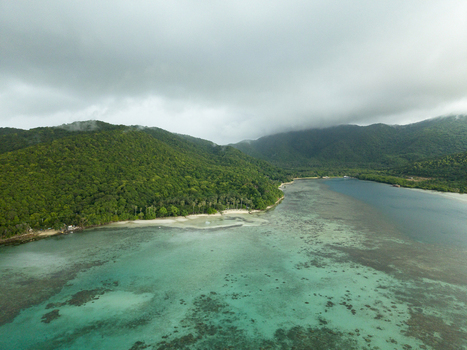 Aerial view of turquoise waters meet lush green hills under a blanket of soft clouds at Bobby Beach Karimunjawa Central Java Indonesia.