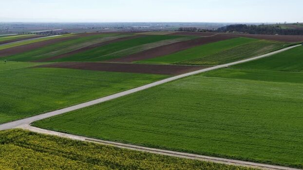 Aerial view of agricultural fields France.