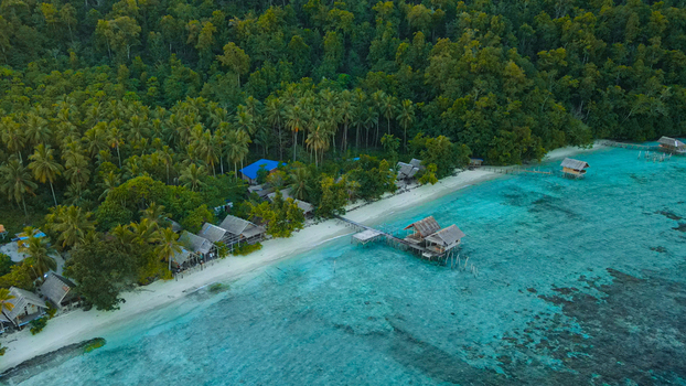Aerial view of traditional wooden overwater bungalows along a white sand beach surrounded by lush palm trees and turquoise waters in Raja Ampat Southwest Papua Indonesia.