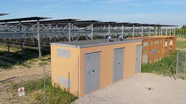 Aerial view of solar farm control unit in Faenza Italy.