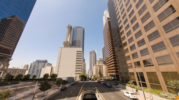 Aerial view of Downtown Los Angeles featuring modern skyscrapers and urban streets in Los Angeles California United States.