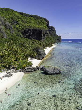 Aerial view of Playa Fronton with white sand beach lush palm trees turquoise water and rocky cliffs in Samana Samana Dominican Republic. Aerial view of Playa Fronton with white sand beach lush palm trees turquoise water and rocky cliffs in Samana Samana Dominican Republic.