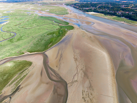 Aerial view of Baie de Somme featuring expansive tidal flats winding river channels and lush green salt marshes near the coast. Saint Valery sur Somme Hauts de France France. Aerial view of Baie de Somme featuring expansive tidal flats winding river channels and lush green salt marshes near the coast. Saint Valery sur Somme Hauts de France France.