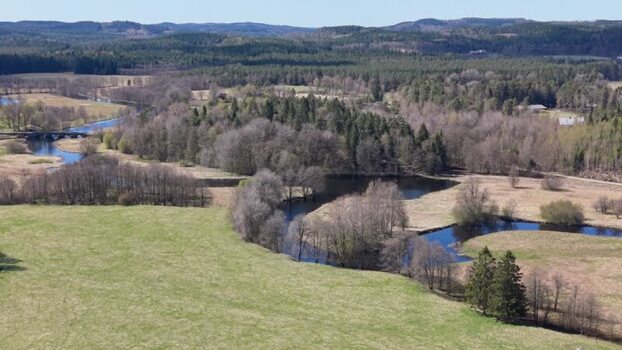 Aerial view of the Viskan river winding through Seglora Sweden.