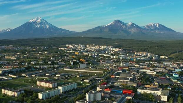 Aerial view of Petropavlovsk Kamchatskiy and volcanoes Russia.