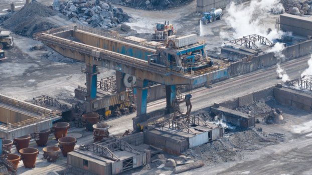 Velsen Noord Netherlands 05 May 2026 Aerial view of Tata Steel industrial facility featuring a large gantry crane slag pots and heavy machinery in an active steel production site. Velsen Noord Netherlands 05 May 2026 Aerial view of Tata Steel industrial facility featuring a large gantry crane slag pots and heavy machinery in an active steel production site.
