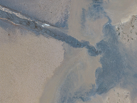 Aerial view of a dark stream flowing through sandy terrain in Latvia.