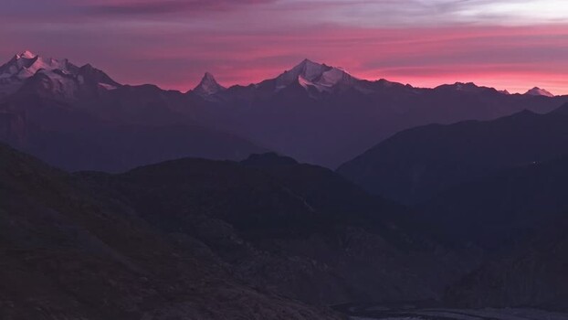 Aerial view of Aletsch Glacier at sunset Switzerland.