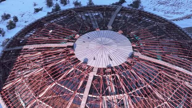 Aerial view of Buzludzha Monument roof structure in Bulgaria.